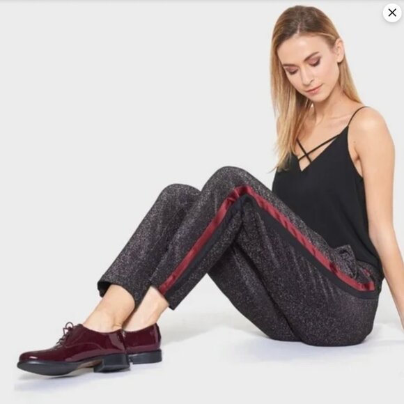 NWT Scotch & Soda Maison Black Red Wine Side Stripe Metallic Glitter Pant Size S - Picture 14 of 14